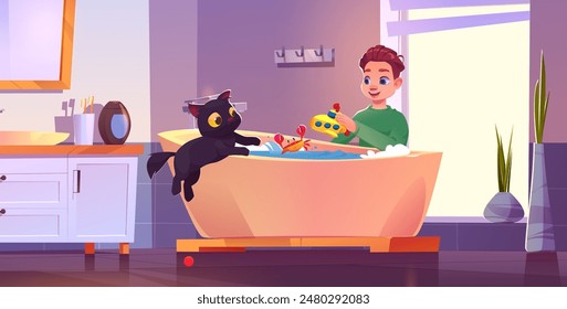 Cat jump in bath for grooming with boy child character. Cute spa appointment for pet to wash with foam bubble and toy. Bathtub, mirror, light from window and happy groomer kid in apartment for kitten