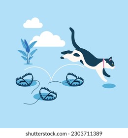 Cat jump pass many steel bear trap. Avoid pitfall, adversity and brave to jump pass business failure. Modern vector illustration in flat style