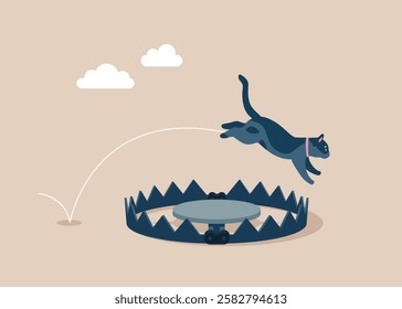 Cat jump through bear trap. Avoid pitfall, adversity and brave to jump pass business failure. Vector illustration in flat style