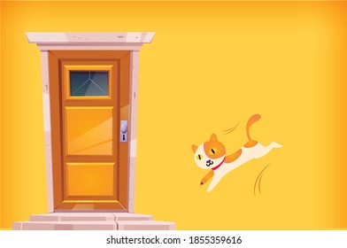 cat is jumping back to door to save her self from corona virus 