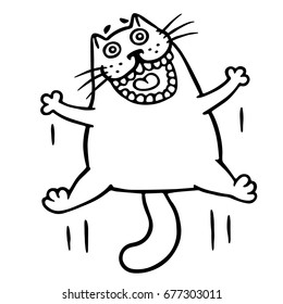 Cat jumping for joy. Funny cartoon cool character. Contour freehand digital drawing cute cat. White color background. Cheerful pet for web icons and shirt. Isolated vector illustration.