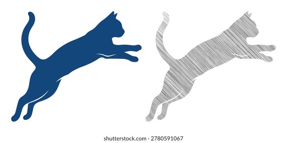 Cat jumping in mid air agile motion blue and grayscale silhouette playful elegant.