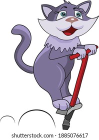 Cat Jumping On A Pogo Stick. Vector Illustration