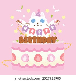 A cat jumping out of the birthday cake. Happy birthday greeting card, flat and colorful illustration.