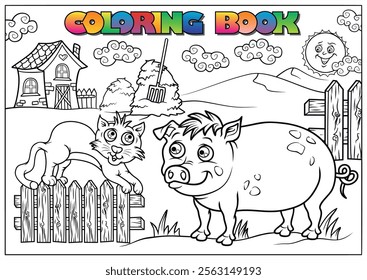 Cat jumping over the fence and looking at pig in the farm, coloring book or page for children of preschool and school age.