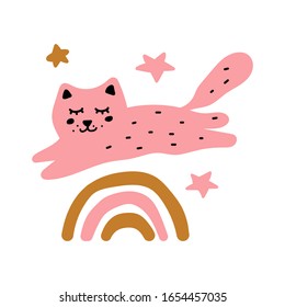 Cat jumping over rainbow. Hand drawn vector illustration on white background.