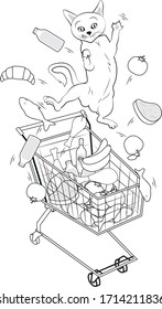 A cat jumps out of the food-filled trolley cart