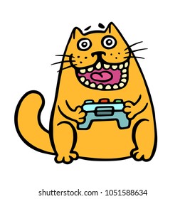 Cat keeps the joystick from the console. Cute emoticon character. Cheerful pet cool video gamer. Vector illustration.