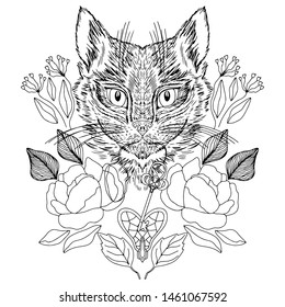 Cat with a key in the mouth around flowers. A black and white illustration for posters, postcards and tattoos. Coloring book for adults and older children. Vector illustration.