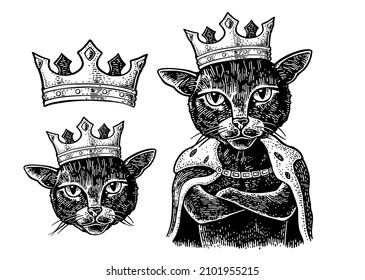 Cat king with paws crossed dressed in the mantle and crown. Vintage vector black engraving illustration for poster. Isolated on white background. Hand drawn design element for label and poster