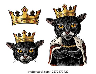 Cat king with paws crossed dressed in the mantle and crown. Vintage vector color engraving illustration for poster. Isolated on white background. Hand drawn design element for label and poster