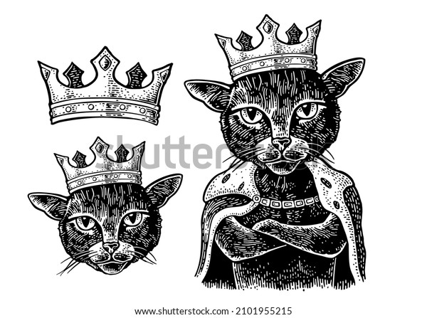 Cat king with paws crossed dressed in the mantle\
and crown. Vintage vector black engraving illustration for poster.\
Isolated on white background. Hand drawn design element for label\
and poster