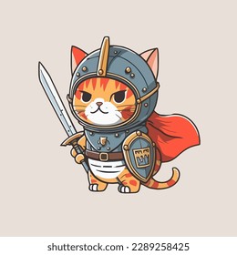 The cat king wears a knight uniform like a hero, flat cartoon design