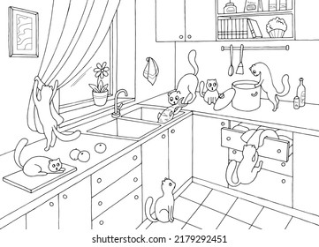 Cat in kitchen room graphic black white home interior sketch illustration vector 