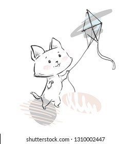 Un gato con la cometa volando tierno. Excelente ilustración de gatitos con formas abstractas para la impresión de pantalones en t, ropa infantil, guardería, invitación a fiesta infantil. Diseño sencillo. Mano dibujada con trazo de marcador Tiempo de verano