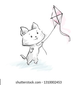 Cat with kite flying cute print. Cool kitty illustration for t-shirt print, kids apparel, nursery, child party invitation. Simple design. Hand drawn with marker stroke. Summer time