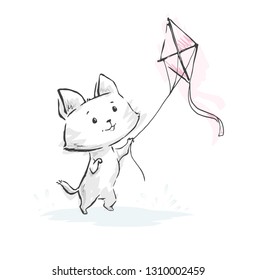 Cat with kite flying cute print. Cool kitty illustration for t-shirt print, kids apparel, nursery, child party invitation. Simple design. Hand drawn with marker stroke. Summer time
