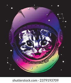 Cat kitten in an astronaut helmet. Space print. Vector illustration.