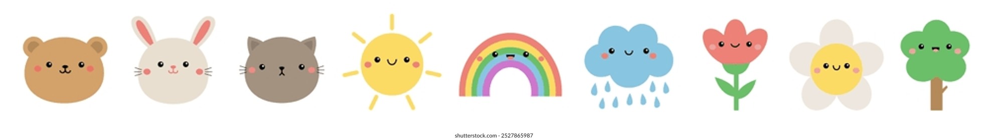 Cat kitten, bear, bunny rabbit, sun, rainbow, raining cloud, daisy chamomile tulip flower, tree. Cute kawaii cartoon icon set. Funny face head. Childish style. Flat design. White background. Vector