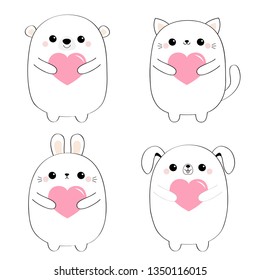 Cat kitten bear dog puppy rabbit hare set holding pink heart. Line contour silhouette Cute cartoon kawaii funny baby animal character Flat design Happy Valentines Day Love card White background Vector
