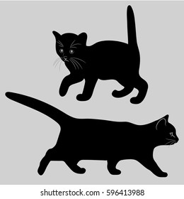 Cat and kitten. Black silhouette. Vector image.