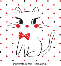 Cat kitten with bow and hearts cartoon vector illustration for kids clothes