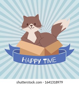 Cat or kitten in cardboard box looking out cartoon vector illustration. Kitty happy pet gift for child or family on vintage background for cards or poster.