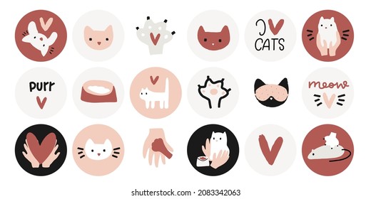 Cat and kitten cartoon character vector clipart set. Pet sitter, meal in a bowl, mouse toy, care and adoption different icon collection.