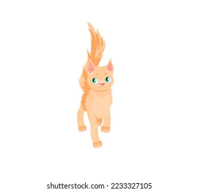 a cat, a kitten, a character for animation, fairy tales, educational cartoons, red, cream, goes, twirls its tail with a pipe. smart, cute, fluffy fur, soft, purring biologie faune