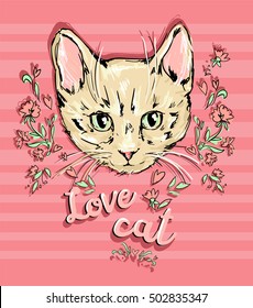  cat, kitten, cute cat sketch vector illustration, print design cat, children print on t-shirt girl. Hand Drawn Vector Illustration of cat. 