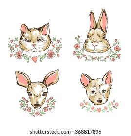 cat, kitten, deer, bunny, rabbit, dog, puppy cute sketch vector illustration, flowers frame