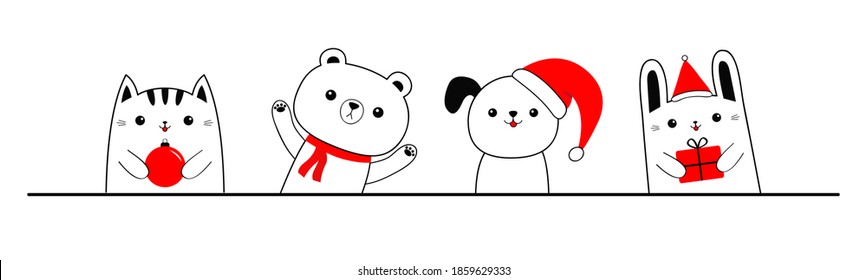 Cat kitten Dog Bear Bunny Rabbit animal set holding gift box, xmas ball. Merry Christmas. Cartoon kawaii character. Cute face. Red santa hat, scarf. Funny baby pet. Flat design White background Vector