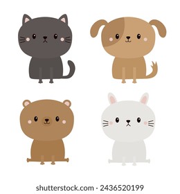 Cat kitten, dog puppy, bunny rabbit, bear icon set. Round face. Cute cartoon kawaii pet baby animal character. Funny baby. Love card. Sticker print. Valentines day. Flat design White background Vector