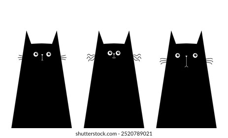 Cat kitten face head set. Black silhouette icon. Cute cartoon pet character. Funny kawaii animal. Hand drawn. Flat design. Tshirt, greeting card, sticker print. Line banner. White background. Vector