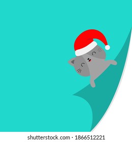 Cat kitten face holding fold page corners. Red Santa hat. Merry Christmas. Curled paper corner. Cute cartoon kawaii funny baby animal character. Xmas greeting card template. Blue background. Vector