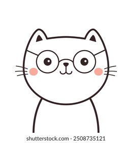 Cat kitten in glasses. Face head line contour silhouette icon. Funny kawaii smiling doodle animal. Pink cheeks. Cute cartoon baby pet character. Childish style. Flat design. White background Vector