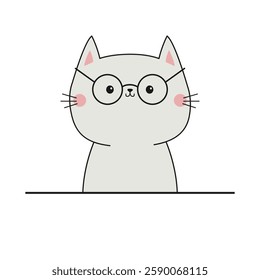 Cat Kitten in glasses. Face head line contour silhouette icon. Funny kawaii smiling doodle animal. Greeting Card Banner template. Cute cartoon baby pet character. Flat design. White background Vector