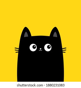 Cat kitten head face black silhouette. Cute cartoon funny baby character. Kawaii animal. Notebook sticker print template. Pet collection. Flat design. Yellow background. Isolated. Vector