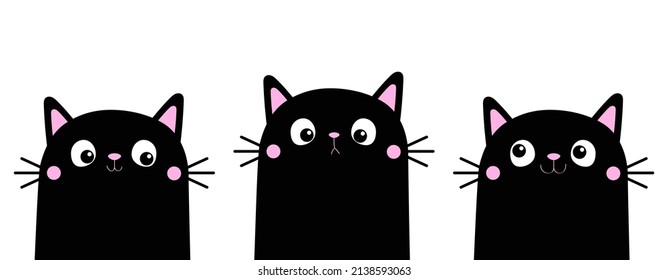 Cat kitten head face line silhouette icon set. Funny kawaii animal. Cute cartoon funny pet character. Flat design. White background. Notebook cover, tshirt, greeting card, sticker print. Vector