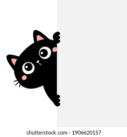 Cat kitten holding big empty signboard. Cute cartoon kawaii funny kitty hiding behind paper wall. Flat design. Typography print template. White background. Isolated. Vector illustration