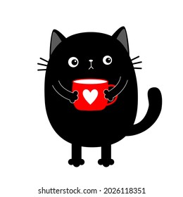 Gato gatito sosteniendo el corazón de la taza de café. Triste y gruñón rostro de mala emoción. Caricatura linda. Un animal divertido de Kawaii. Buenos días. Tarjeta de saludo de amor. Diseño plano. Fondo blanco aislado. Vector