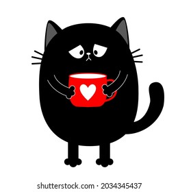 Gato gatito sosteniendo una taza de café. Te echo de menos. Triste y gruñón rostro de mala emoción. Caricatura linda. Un animal divertido de Kawaii. Tarjeta de saludo de amor. Diseño plano. Fondo blanco aislado. Ilustración del vector