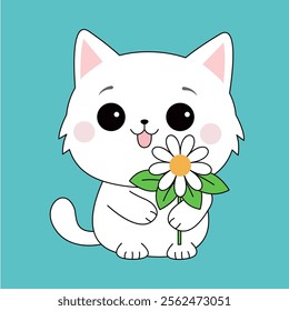Cat kitten holding daisy chamomile flower. Funny face head. Contour line hand drawn doodle. Cartoon kawaii baby character. Sticker print. Childish style. Flat design. Blue background. Isolated. Vector