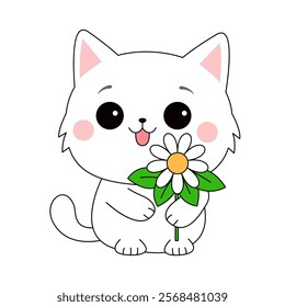 Cat kitten holding daisy chamomile flower. Funny face head. Cartoon kawaii baby character. Contour line hand drawn doodle. Sticker print. Childish style. Flat design. White background Isolated. Vector