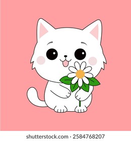 Cat kitten holding daisy chamomile flower. Contour line hand drawn doodle. Funny face head. Cartoon kawaii baby character. Sticker print. Childish style. Flat design. Pink background. Isolated. Vector