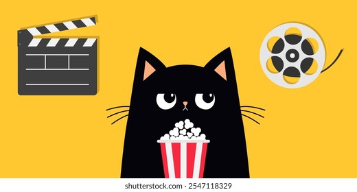 Cat kitten holding popcorn box. Clapper board, Movie reel icon set. Kitten watching movie. Pop corn food. Cute cartoon funny character. Cinema theater. Film show. Flat design. Yellow background Vector