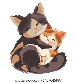 Cat and kitten hugging. Vector illustration isolated on a white background