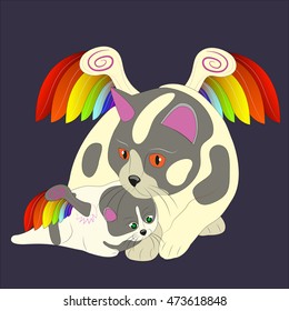 Cat and kitten with iridescent wings