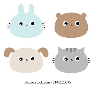 Cat kitten kitty, bear, dog puppy, rabbit bunny hare face icon set. Kawaii animal. Cute cartoon character. Funny baby. Love card. Flat design. White background. Isolated. Vector illustration