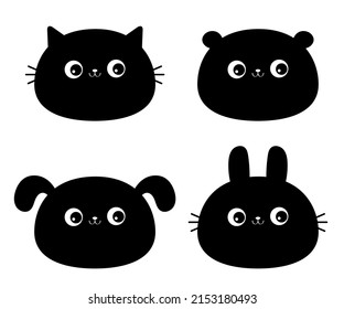 Cat kitten kitty, bear, dog puppy, rabbit bunny hare face icon set. Kawaii animal. Cute cartoon character. Black silhouette sticker. Funny baby. Love card. Flat design. White background. Vector